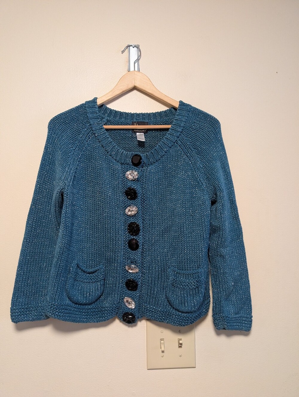 Pure Handknit Teal Sparkle Cardigan Women’s Small Jeweled Statement Sweater